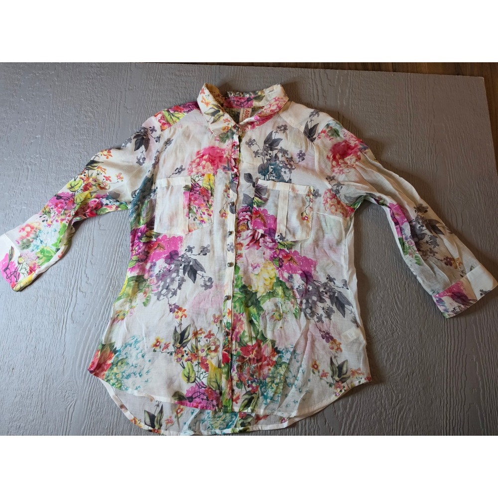 Aratta Stitch Fix Floral Button Down Shirt Multi Color 3/4 Sleeve Size Small
